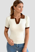 Lässige Polo Kleur Blok Ribbed Collar Knitted Top