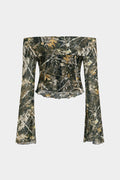 Anna | Off-Shoulder Mesh-Top with Camouflage-Print & Trompetenärmeln